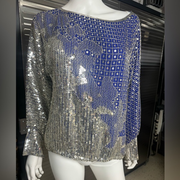 Judith Ann Creations Silk Sequin Blouse Blue Medium - Picture 1 of 12